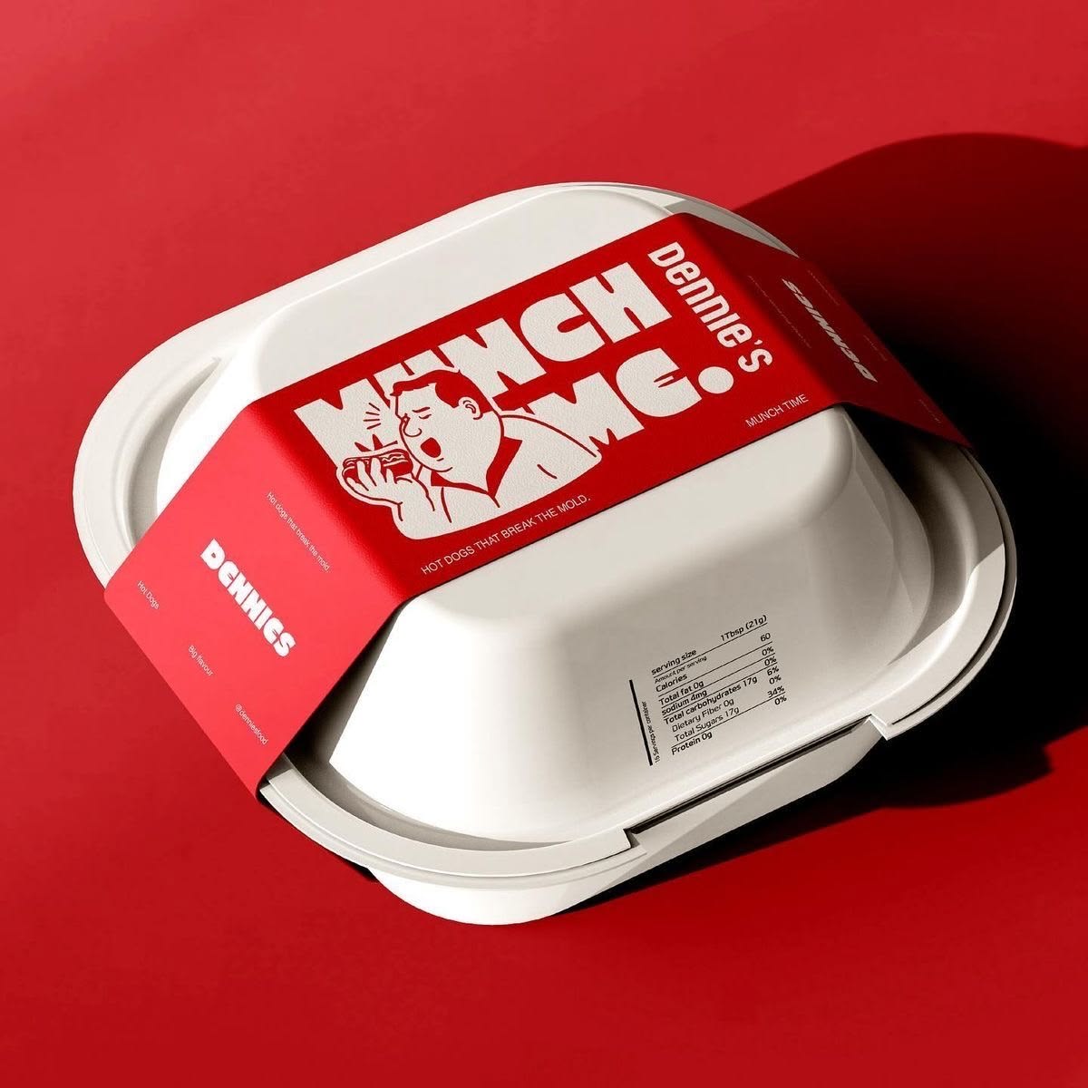 Packaging rouge et blanc Dennie's, boîte à burger sur fond rouge