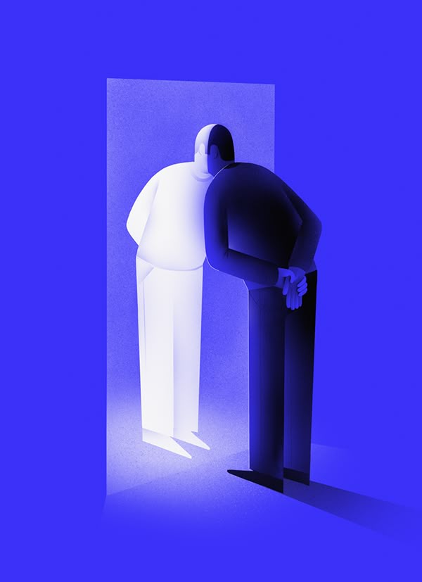 Deux silhouettes bleues sous une lumière froide