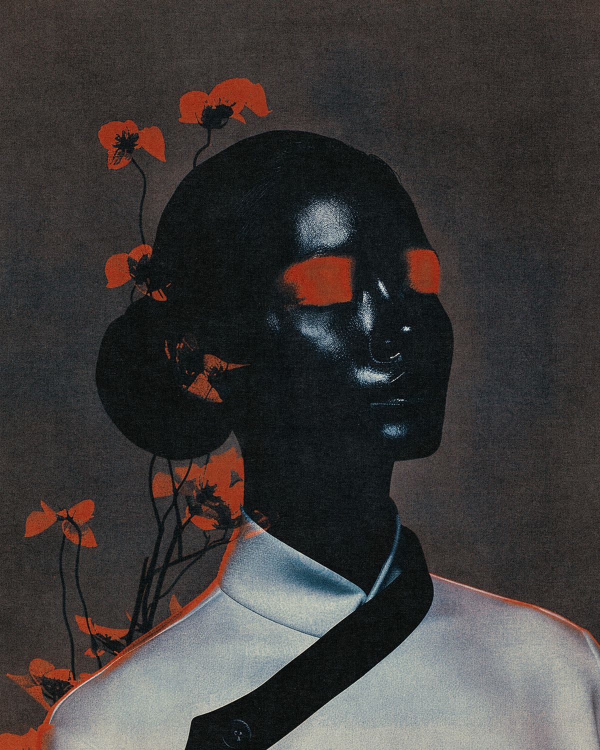 Portrait artistique entouré de fleurs, fond sombre